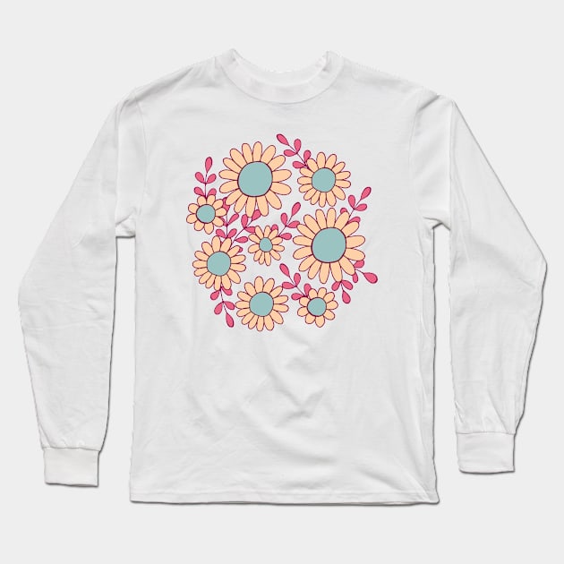 Retro 70s daisy flowers botanical design in green, pink and blue Long Sleeve T-Shirt by Natalisa